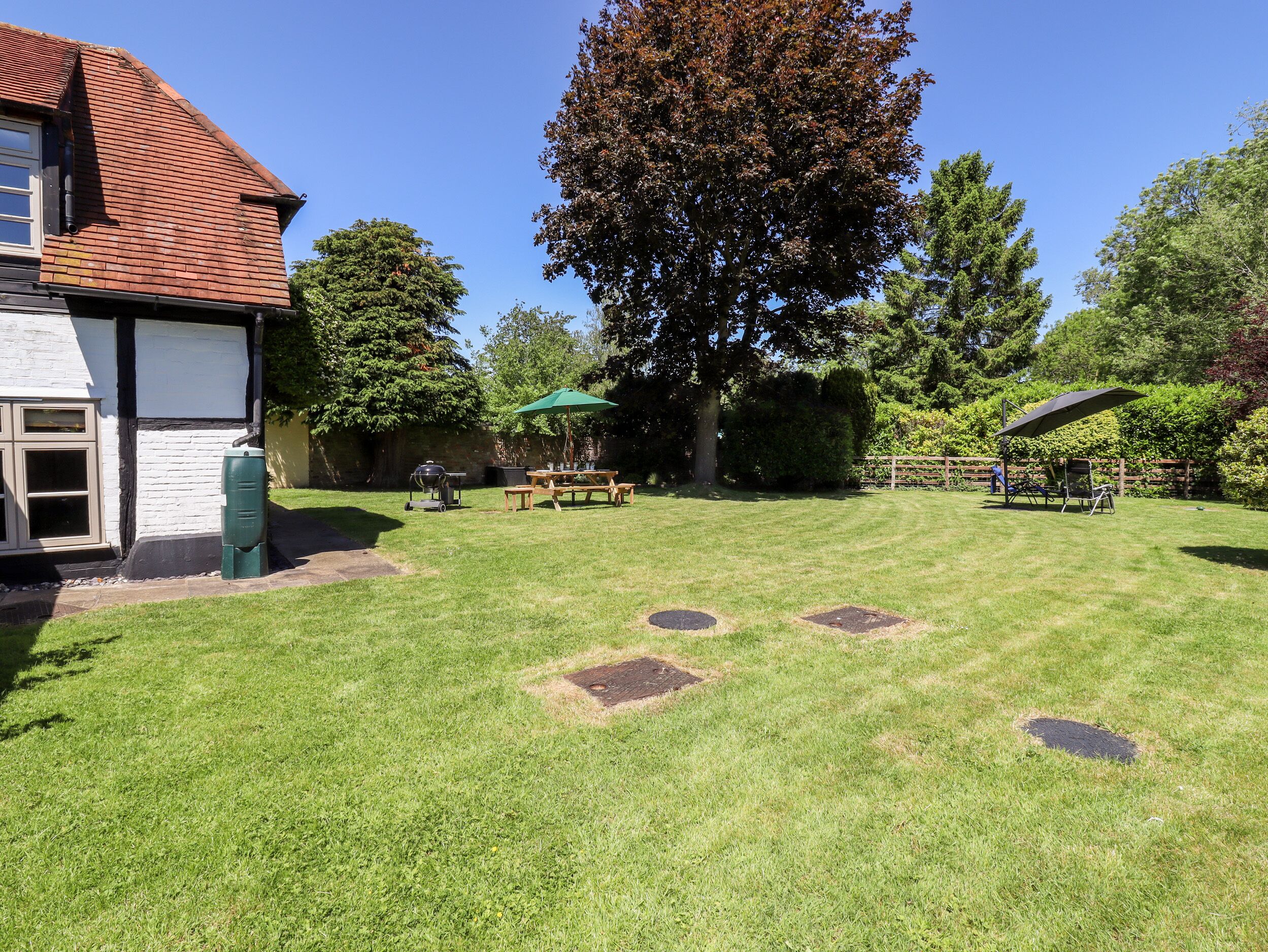 Een verzorgde achtertuin met een picknicktafel, een barbecue en een grote boom die schaduw geeft.