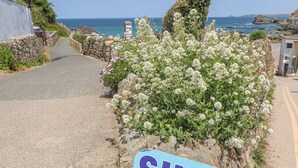 Eine Küstenstraße mit einem Schild für Surfstunden, Steinmauern und Blick aufs Meer.