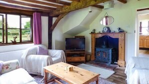 A cozy living room with a wooden ceiling, a fireplace, a television, and a window with curtains. - The Granary (Norwich)