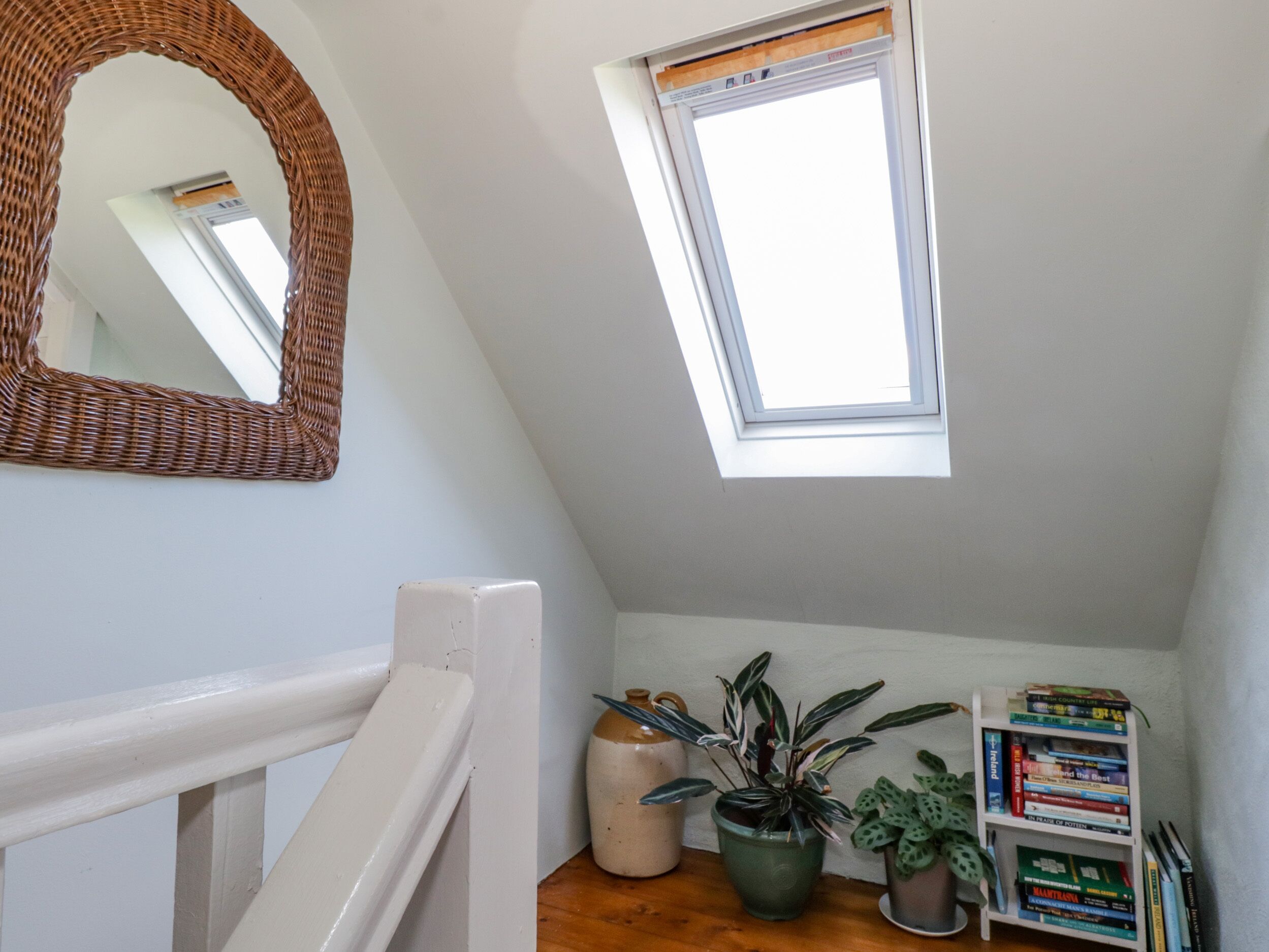 A small attic room with a sloped ceiling, a skylight, a white railing, and a bookshelf with books.