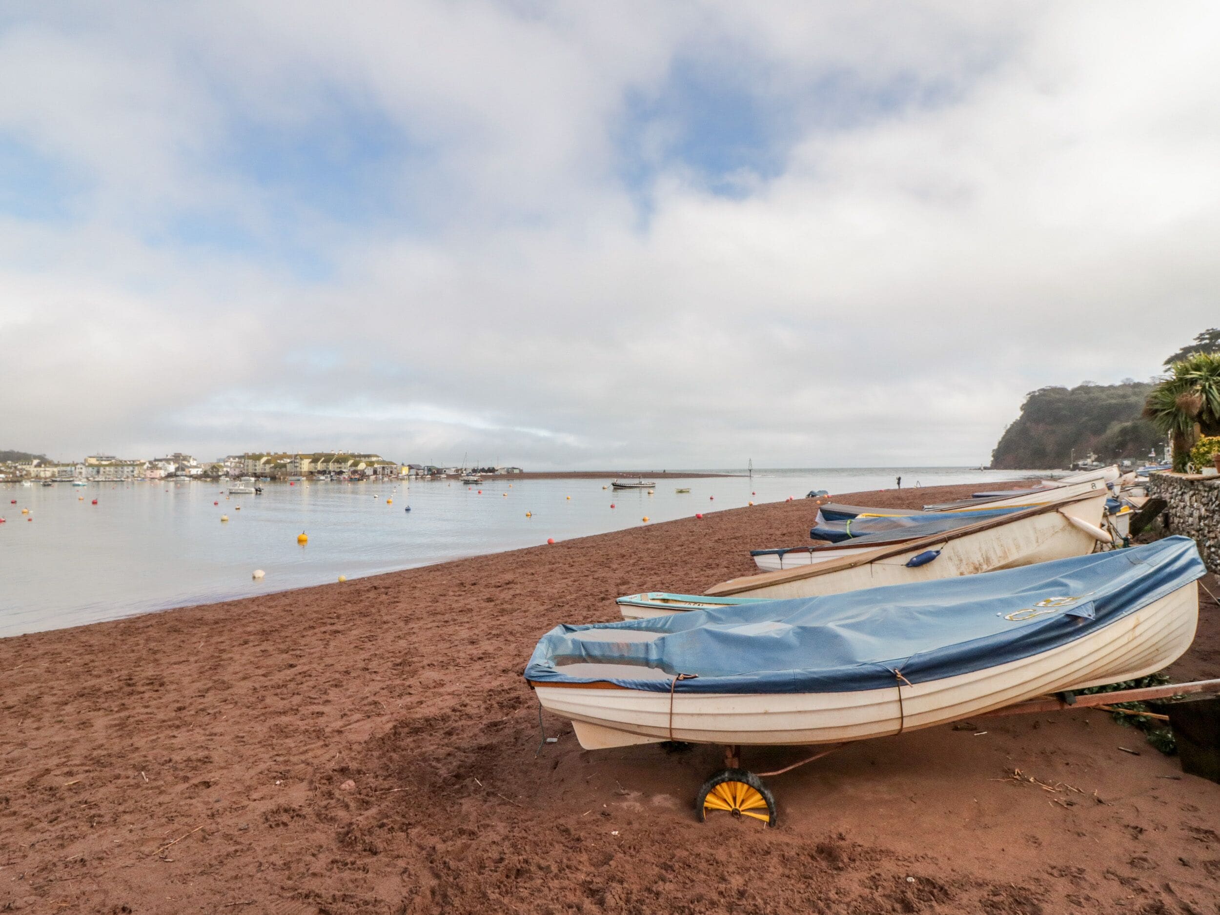Une plage avec des bateaux et un rivage sablonneux.