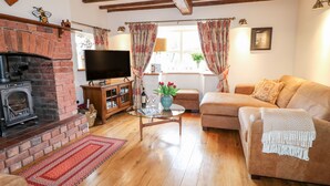 Una sala de estar acogedora con chimenea, un sofá, un televisor y una mesa de centro.