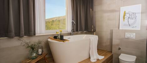 Bathtub, hair dryer, bidet, towels
