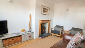 A living room with a fireplace, a television, a sofa, and a coffee table.