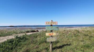 A wooden signpost with the words 'LEAVE' and 'BUT' in a natural setting.