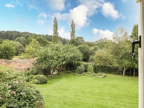 A lush garden with a well-maintained lawn, various shrubs, and a small tree.