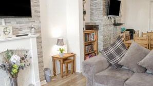 Een woonkamer met een grijze bank, een open haard, een boekenkast en een flatscreen televisie aan de muur.