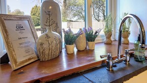 A framed award certificate, a decorative vase, and small potted plants on a wooden counter near a window. - Cefn Nannau (Corwen)