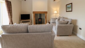 A cozy living room with a fireplace, a television, and two sofas. - Horsley Cottage (Consett)