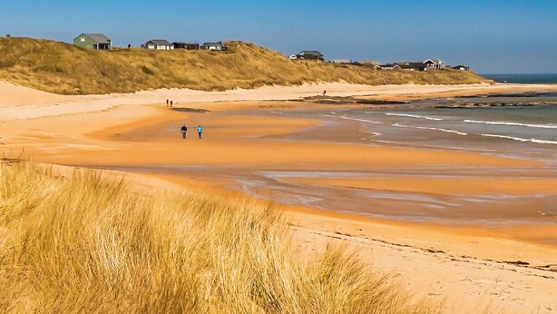 A beach with houses on a dune, a sandy shore, and a clear sky. - Whinstones at 4 The Villas (Alnwick)