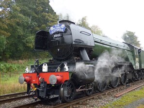 A steam locomotive with the number 60103, named "The Flying Scotsman," traveling on a railway track surrounded by greenery. - Rose Cottage (Keighley)