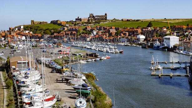 Un port où de nombreux bateaux sont amarrés, un bâtiment historique en arrière-plan et une ville avec des maisons aux toits rouges.
