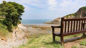 A bench overlooking a coastal landscape with a view of the sea and cliffs. - Higher Bumsley Barn (Barnstaple)