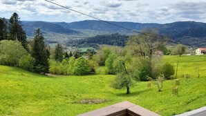 A view from a balcony with a wooden railing, overlooking a green landscape with trees and a distant town. - Renovated comfortable house, great view, pets allowed (Gerbamont)