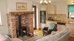 A cozy living room with a fireplace, a sofa, and a kitchen area with appliances. - Minton Lane Cottage (Church Stretton)
