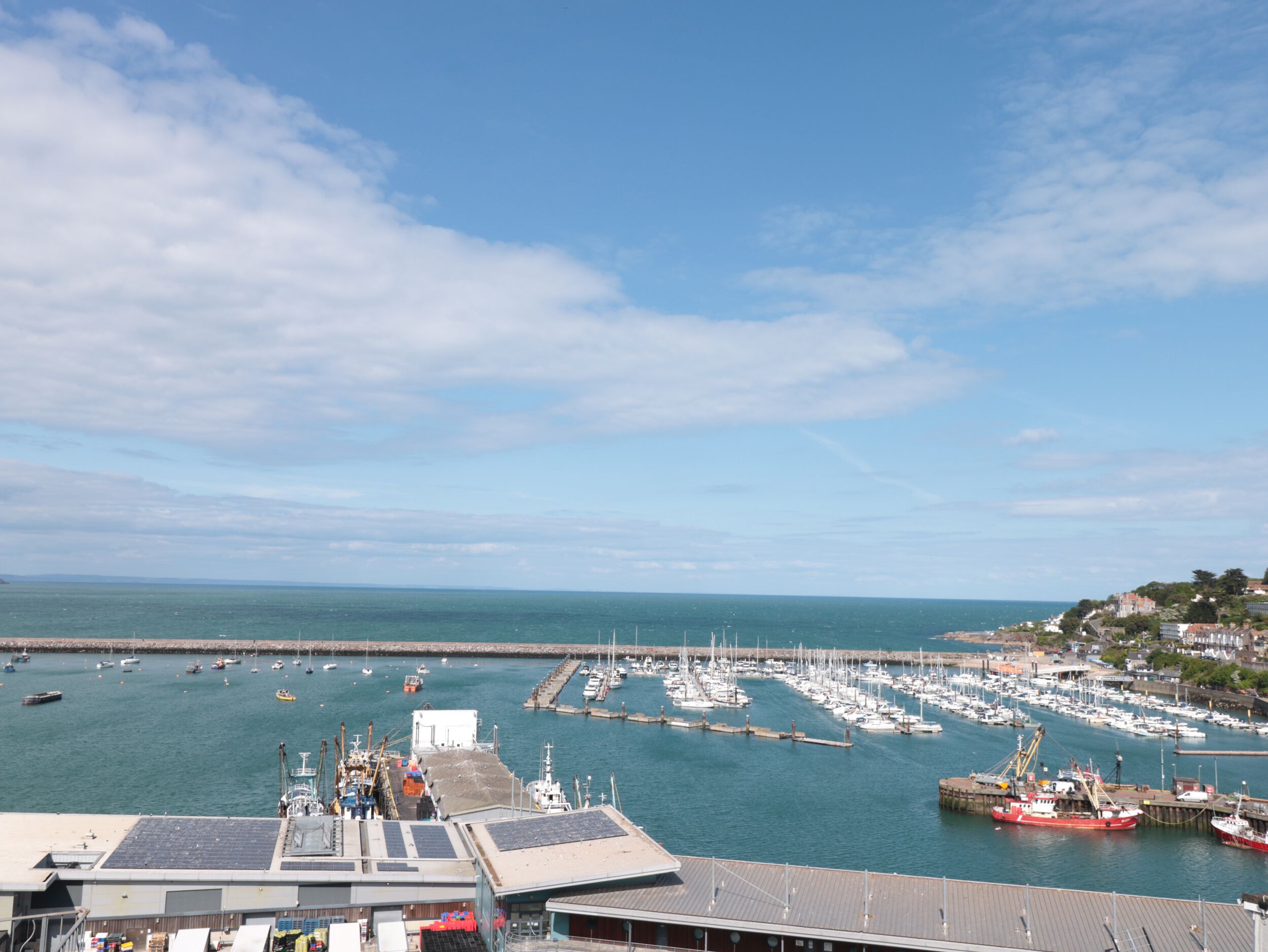 Un port de plaisance avec des bateaux amarrés, une jetée et des bâtiments en arrière-plan.