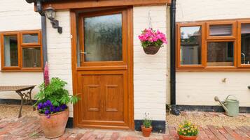Una puerta de madera con un panel de vidrio, flanqueada por dos ventanas con marcos de madera. Hay plantas en macetas en el suelo, una con flores moradas y otra con flores amarillas.