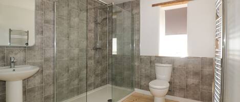 A bathroom with a glass-enclosed shower, a white sink, and a toilet.