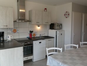 Fridge, microwave, dishwasher