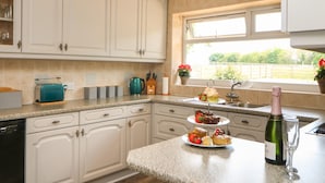 A kitchen with white cabinets, a granite countertop, a toaster, a sink, and a window with a view of greenery.