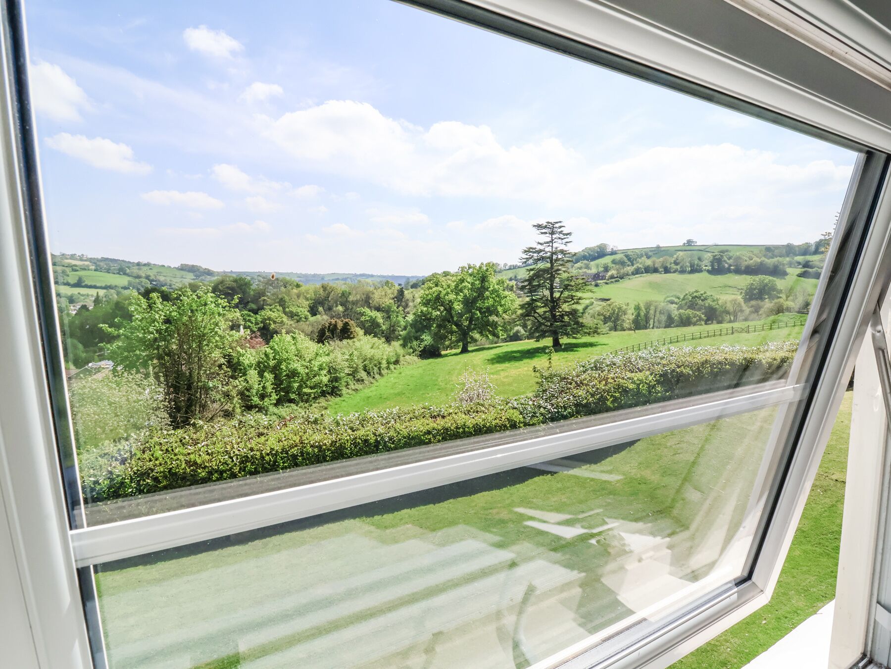 Vista por la ventana de un paisaje verde con árboles y cielo despejado.