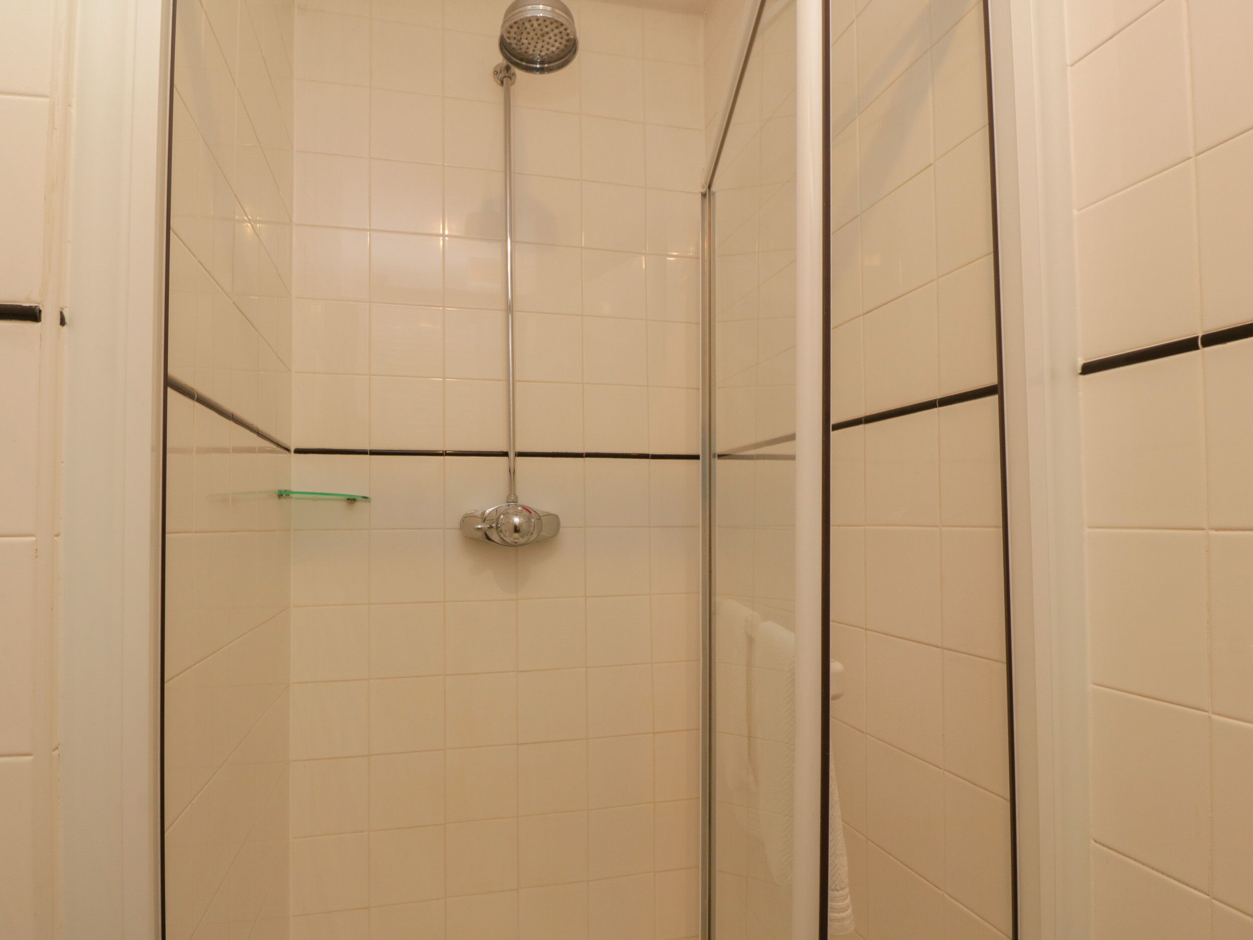 A glass-enclosed shower stall with a handheld showerhead and a handheld shower attachment.