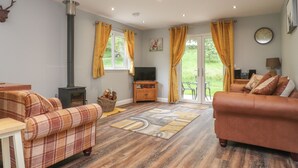 Una sala de estar acogedora con chimenea, sofás y televisor.