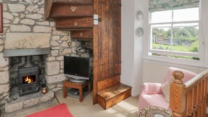 A cozy room with a stone fireplace, a television on a wooden stand, and a window with a view of greenery. - Athelstan Cottage (Stroud)