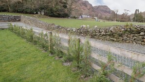 Un muro de piedra con una cerca de metal, un área con césped y ovejas pastando al fondo.