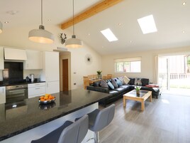 Un amplio salón con cocina, una mesa de comedor y un sofá.