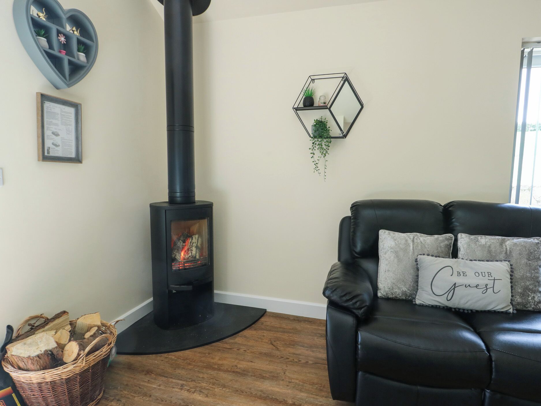 A living room with a black wood-burning stove, a black leather sofa, and a wall-mounted hexagonal planter with a hanging plant.
