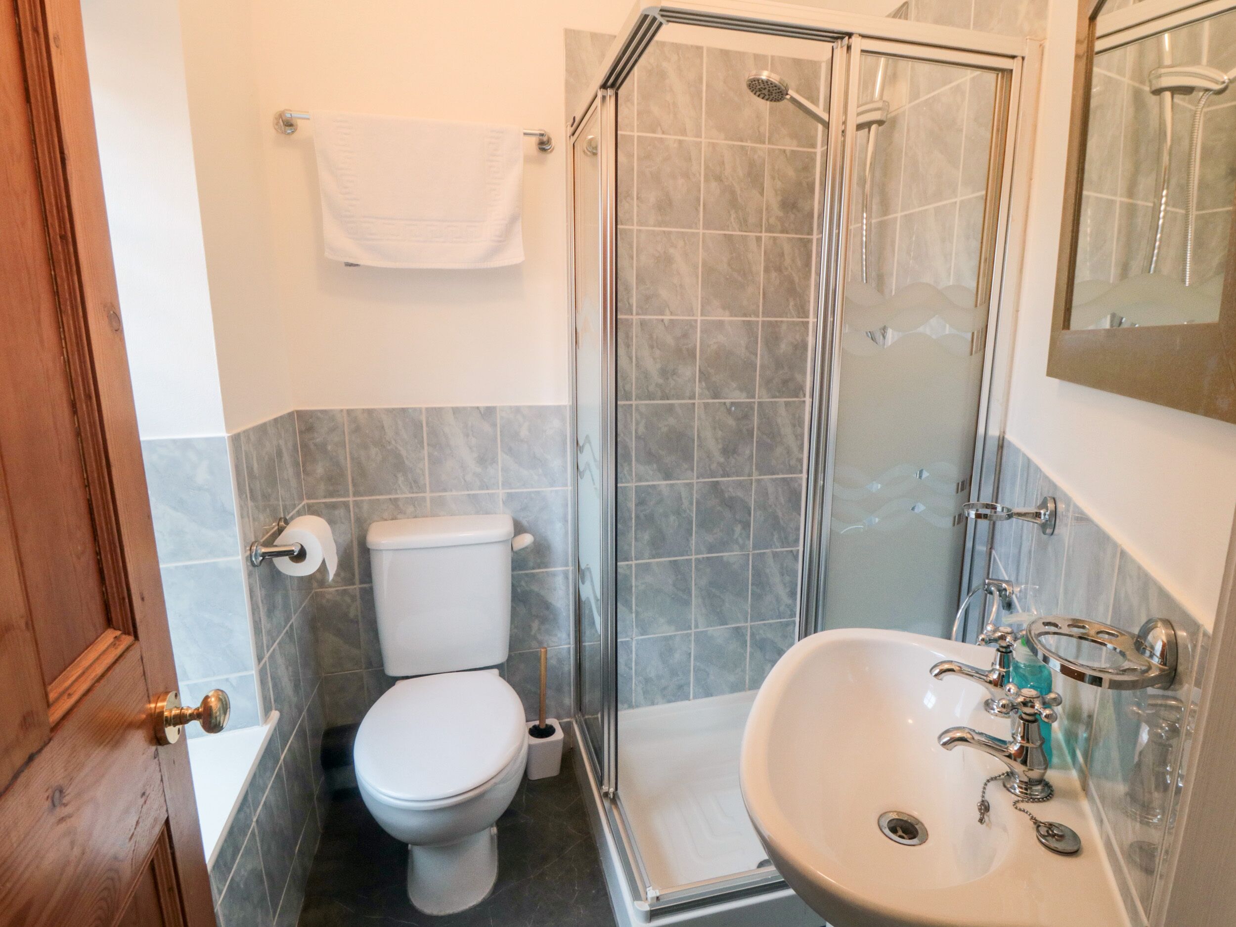 A bathroom with a toilet, a glass-enclosed shower, and a sink with a mirror above it.