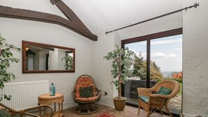 Una habitación acogedora con muebles de mimbre, un tapete rojo, un espejo grande y vistas al campo.