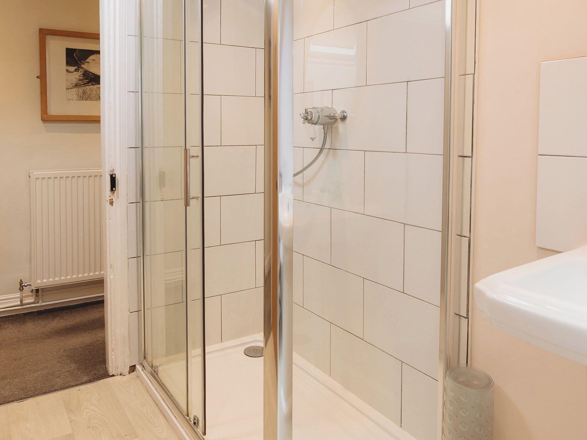 Une salle de bain avec une douche à parois de verre, des carreaux blancs, un radiateur et un tableau encadré au mur.