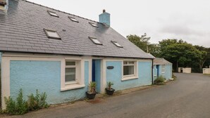 A two-story house with a blue exterior, a tiled roof, and a small front garden with potted plants. - Pant y Ffynnon (Haverfordwest)