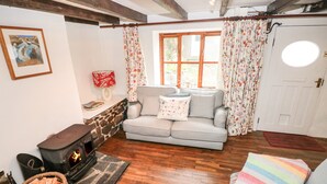 A cozy living room with a fireplace, a sofa, and a window with floral curtains. - Pant y Ffynnon (Haverfordwest)