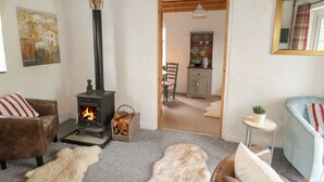 Een gezellige woonkamer met een houtkachel, een bank, een fauteuil en een zacht tapijt.