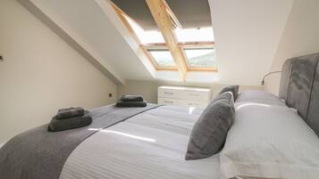 A bedroom with a skylight, a bed with pillows, a bedside table, and a dresser.