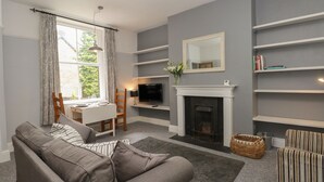 A living room with a grey sofa, a TV, a fireplace, and a bookshelf. - Belvedere (Buxton)