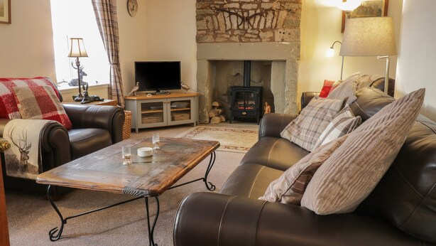 A cozy living room with a stone fireplace, leather sofas, a wooden coffee table, and a television. - The Antlers (Coldstream)