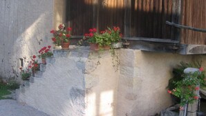 A rustic stone staircase leading to a wooden door with potted plants on the steps. - Charming 5-Bedroom House with Large Garden, Terrace, and Authentic Decor in Le Val-d'Ajol (Le Val-d'Ajol)