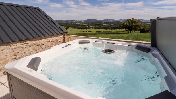A hot tub with a view of a green landscape and mountains in the background. - Delfryn (Denbigh)