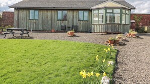 A rustic wooden building with a green windowed extension, a picnic table, and a gravel path with daffodils. - The Shieling (Morpeth)