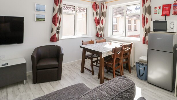 A compact living space with a dining table, chairs, a sofa, a TV, a fridge, and a microwave.