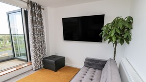 A modern living room with a grey sofa, a black ottoman, a large flat-screen TV, a potted plant, and a sliding glass door leading to a balcony.