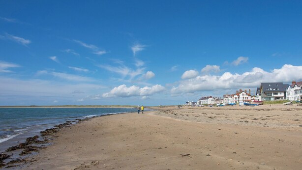 Una playa con cielo despejado, orilla arenosa y casas al fondo.