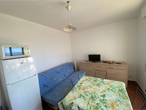 Een kleine kamer met een bed, een slaapbank, een bureau met een computer en een koelkast.