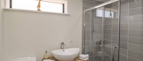 A modern bathroom with a large white sink, a glass shower enclosure, and a window with a decorative bird.