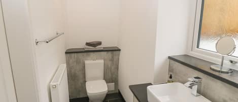 A compact bathroom with a toilet, a sink, and a window with frosted glass.