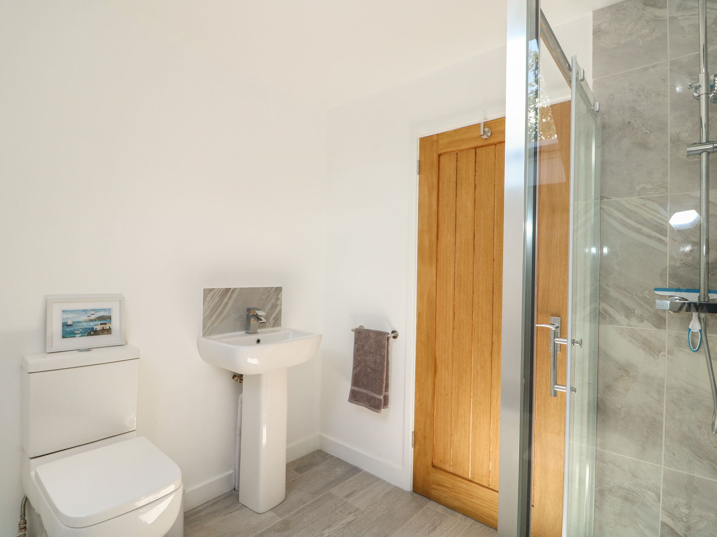 Une salle de bain comprenant des toilettes, un lavabo sur colonne, une porte en bois et une cabine de douche en verre.